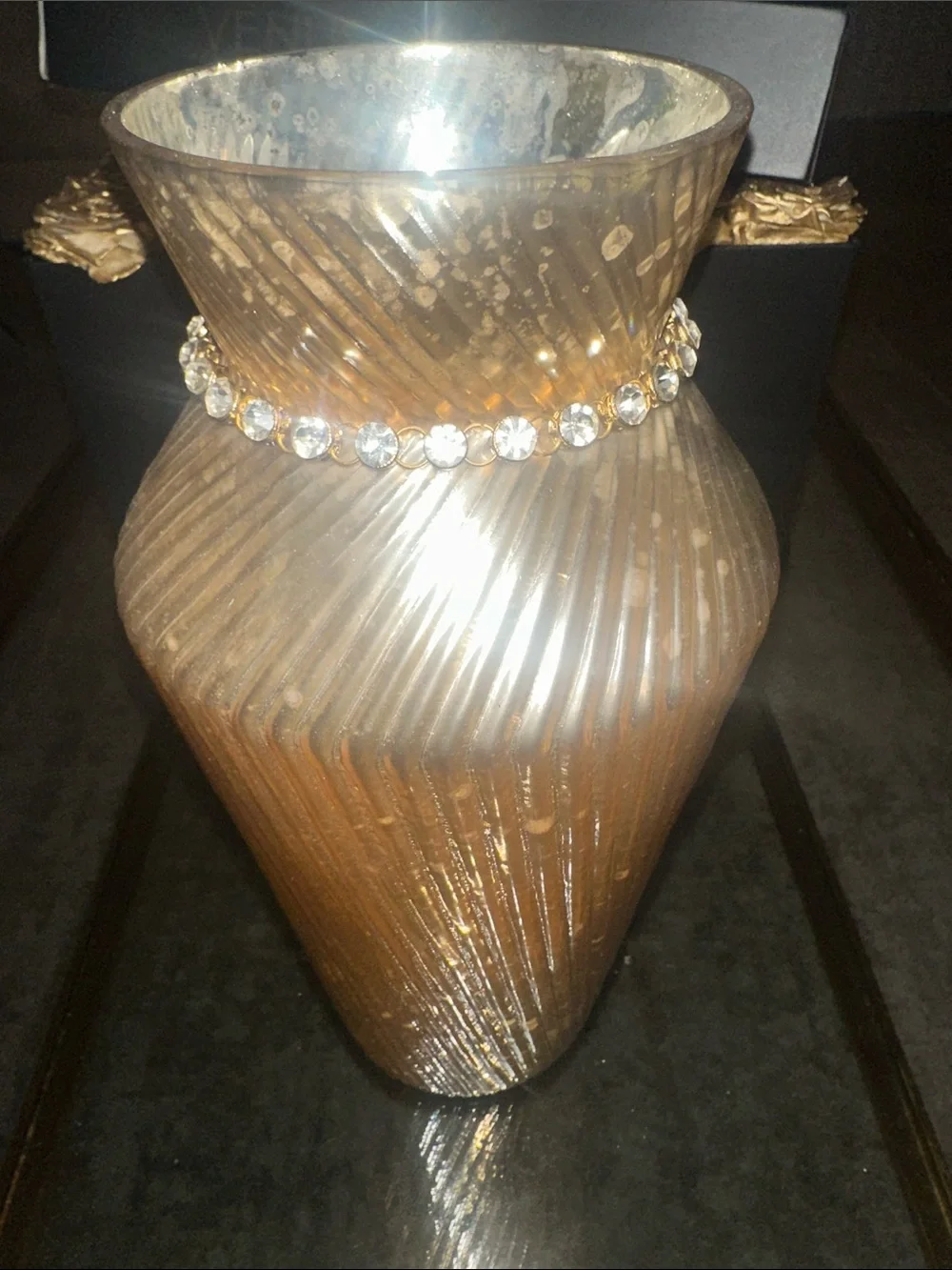 Gold Ribbed Decorative Vase with Crystal Pendant